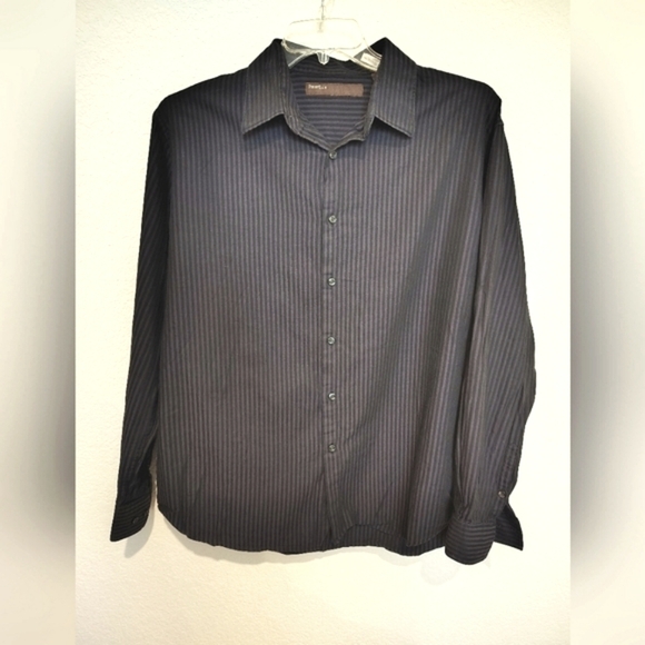 Perry Ellis Dark Striped Button Down Shirt 100% Cotton - Picture 1 of 4